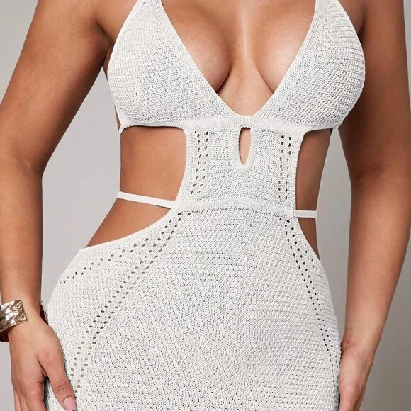 White Boho Crochet Deep V-Neck Hollow Slit Mid-Length Women's Cover Up Dress - Picture 8 of 8